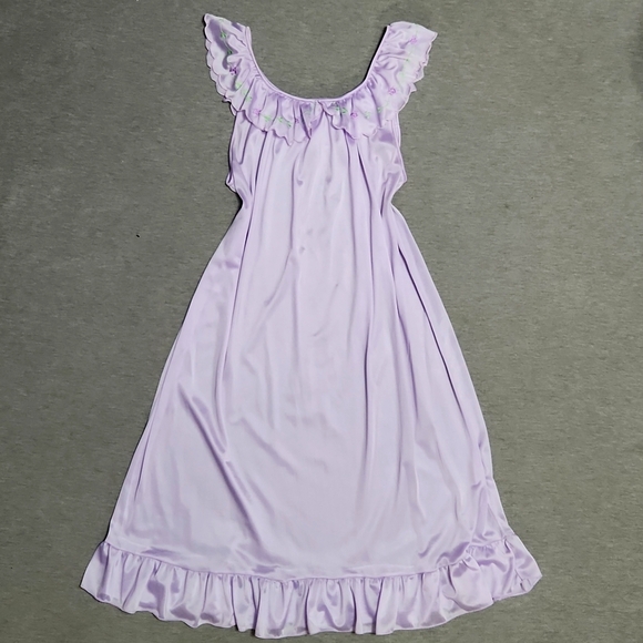 Vintage Ruffle Satin Floral Embroidered Lingerie Chemise Nightgown Slip Dress - Picture 2 of 10